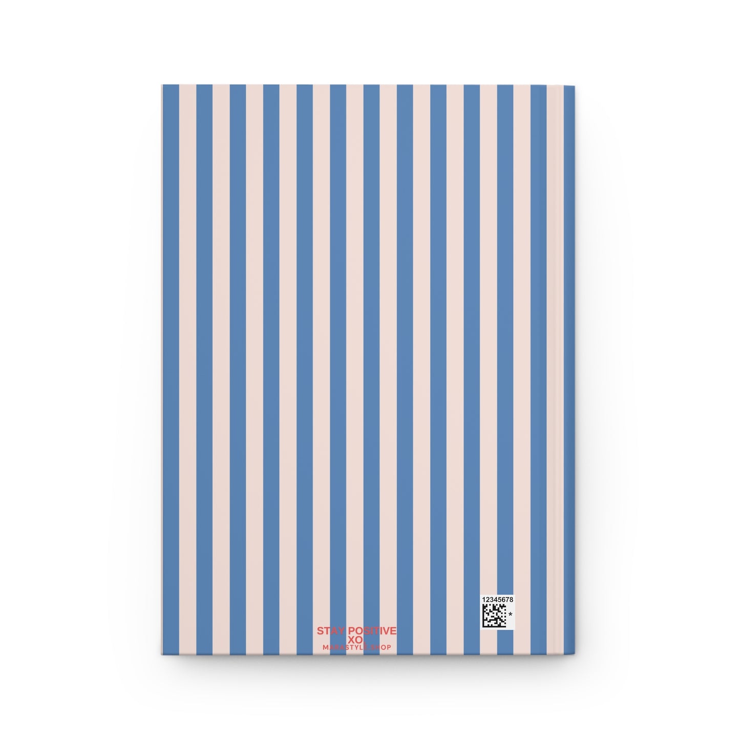 Notebook with blue and beige striped cover on a white background