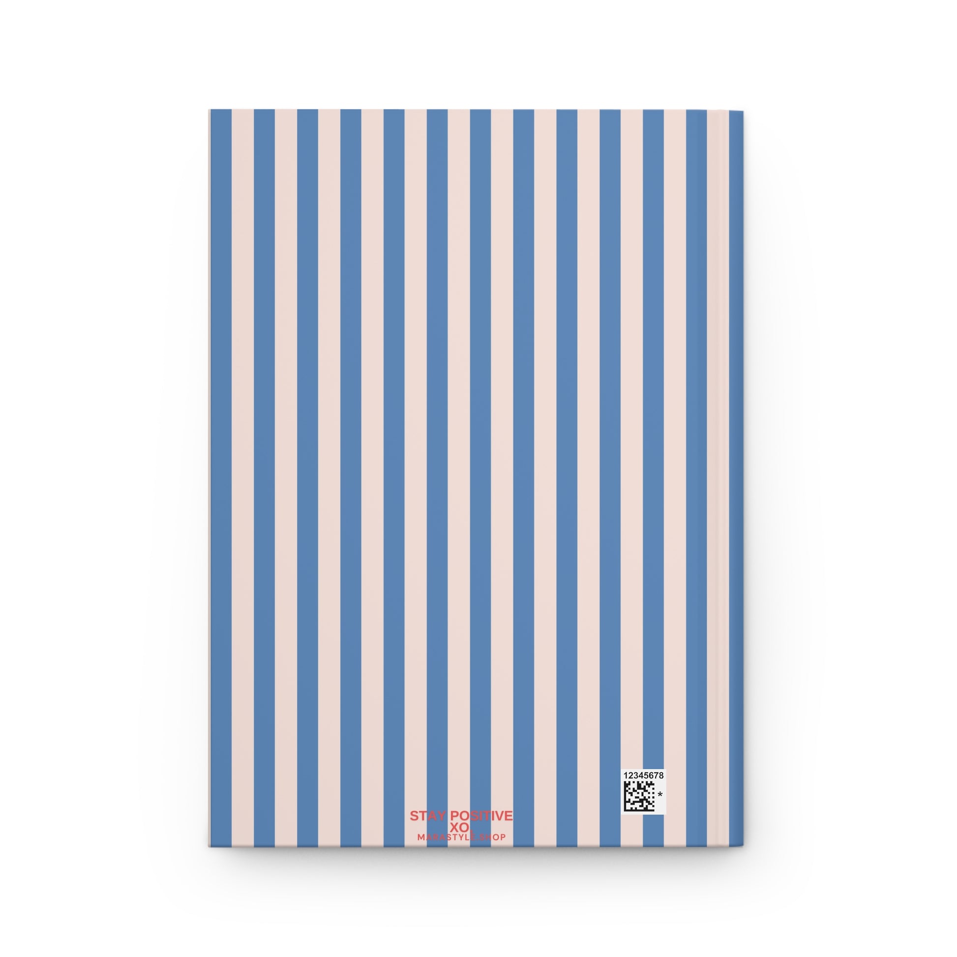 Notebook with blue and beige striped cover on a white background