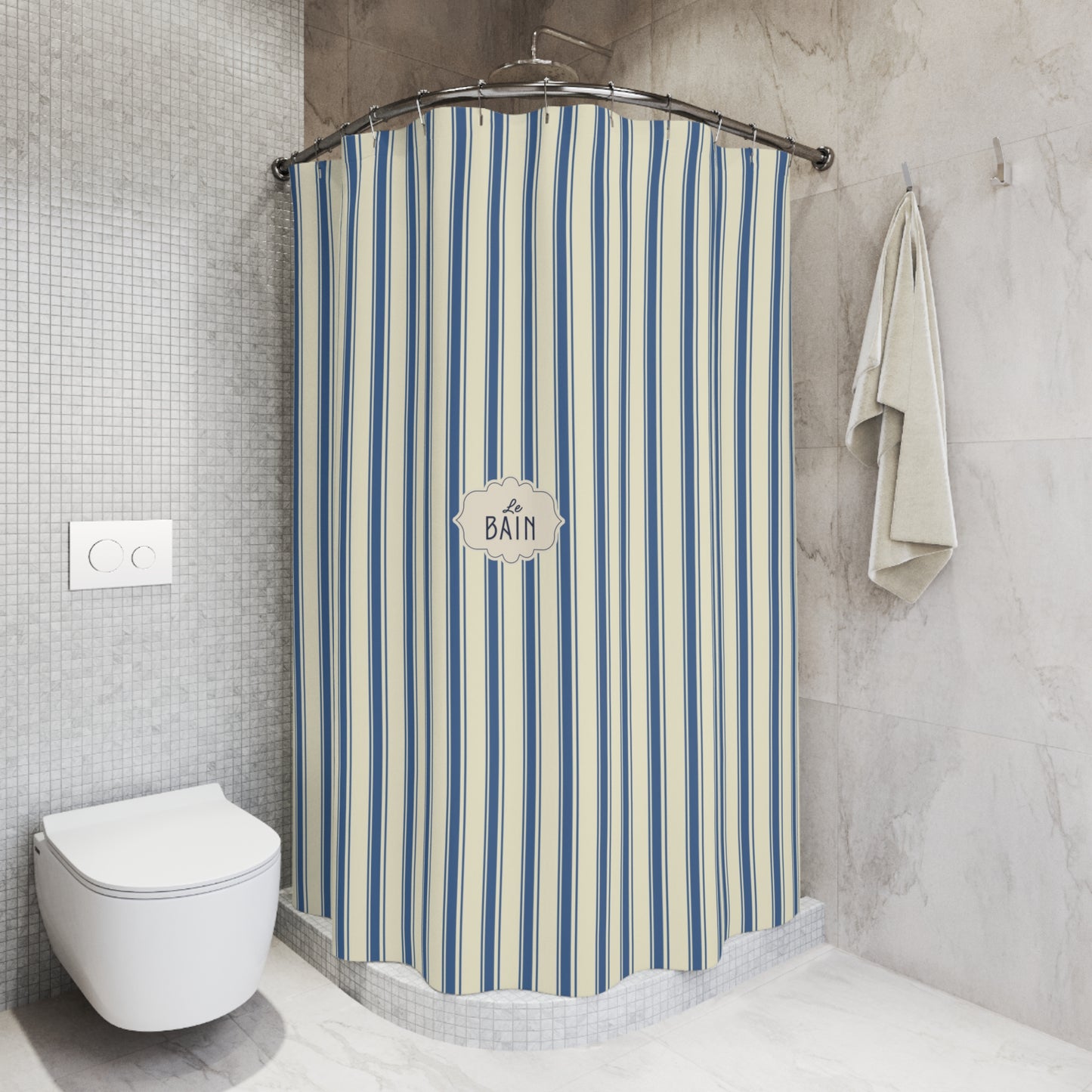 Bathroom with a striped shower curtain and a white toilet.