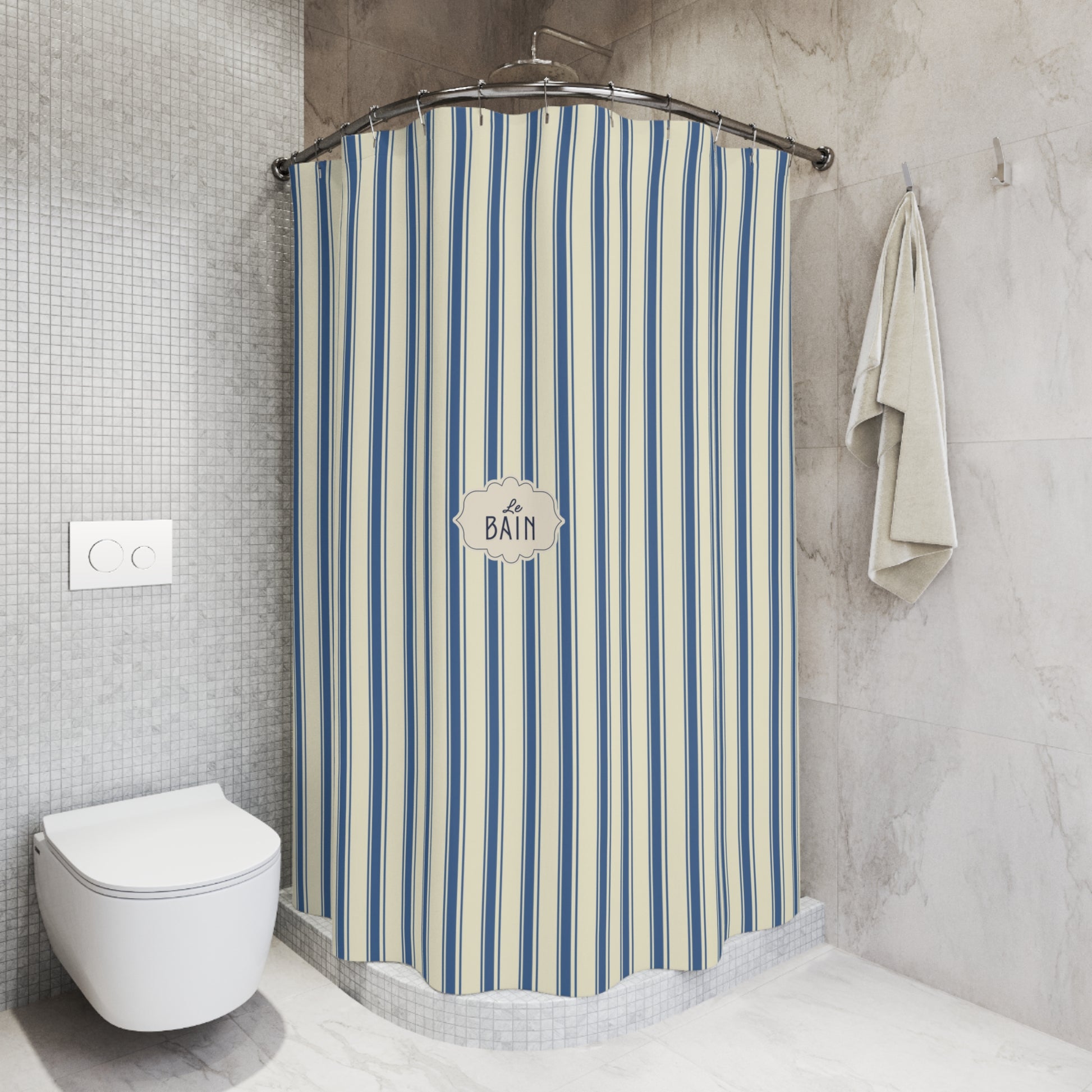 Bathroom with a striped shower curtain and a white toilet.