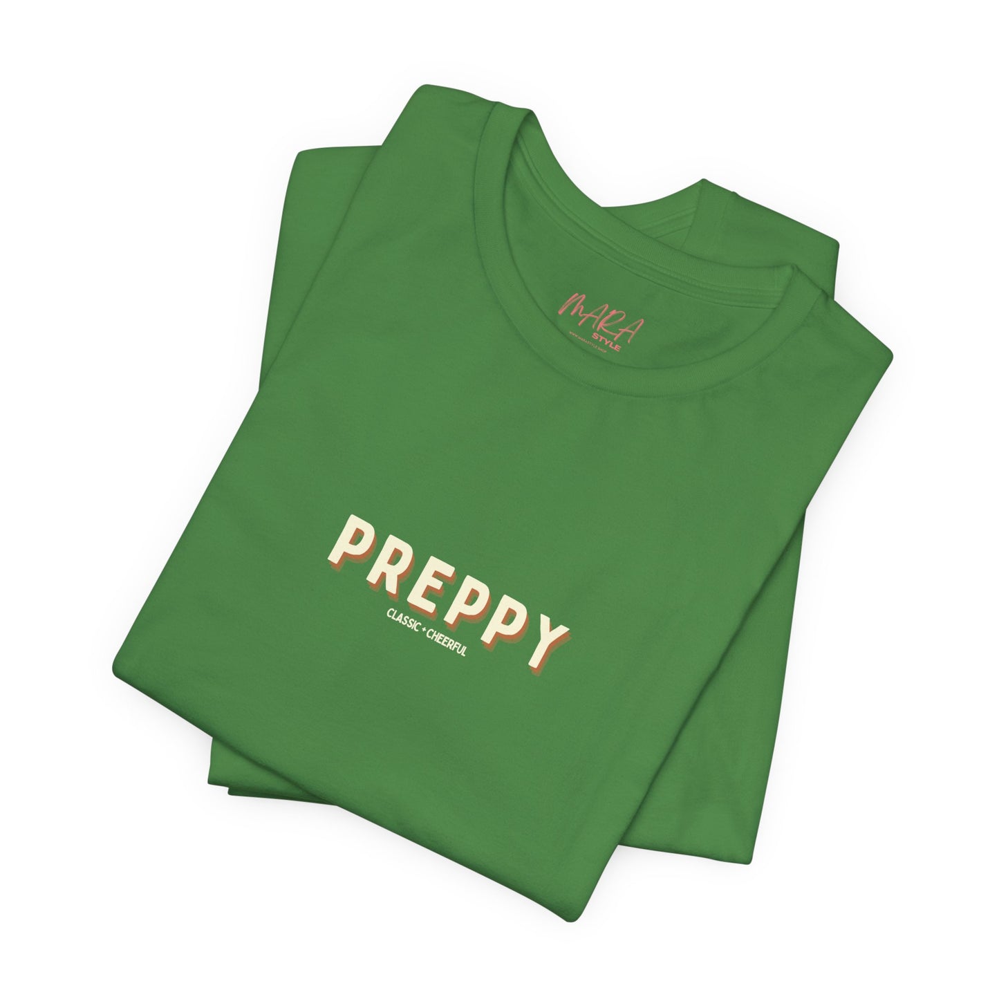 Green t-shirt with 'PREPPY' text on a white background