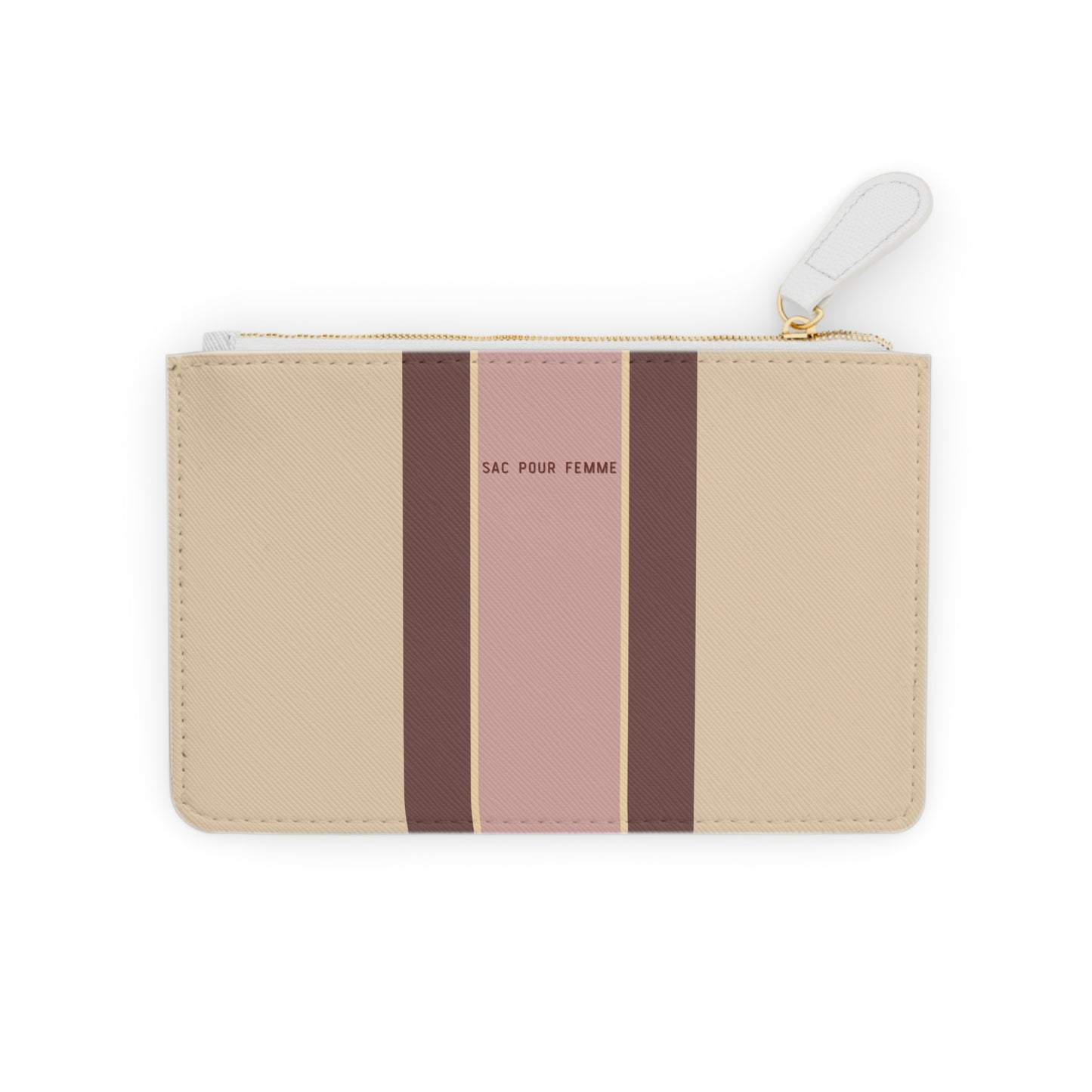 Beige pouch with brown and pink stripes on a white background