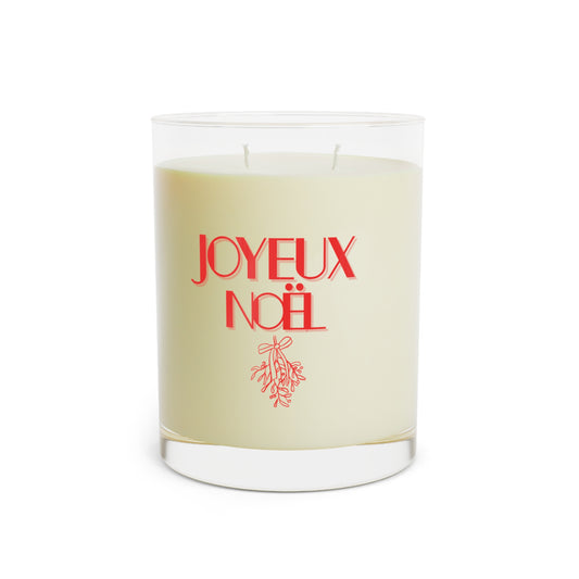 Candle with 'Joyeux Noel' text on a white background