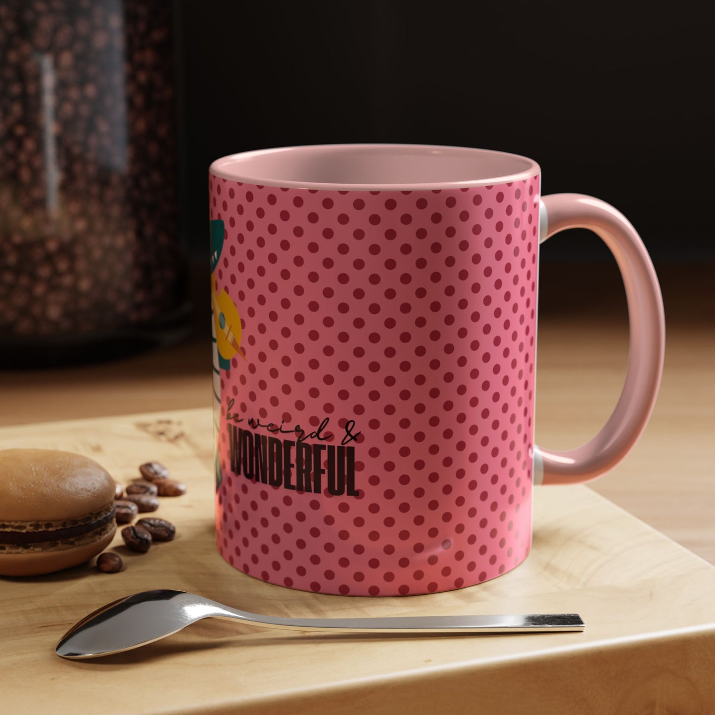 Crocodile "Be Weird & Wonderful" Coffee Mug – Playful Pink Polka Dot Accent Mug