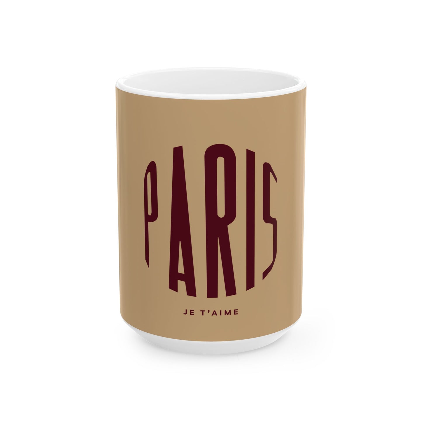 Mug with 'PARIS JE T'AIME' text on a beige background
