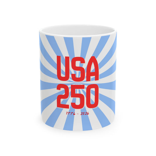 USA 250 Ceramic Mug, Ice Blue — Red & Blue Patriotic Coffee Cup