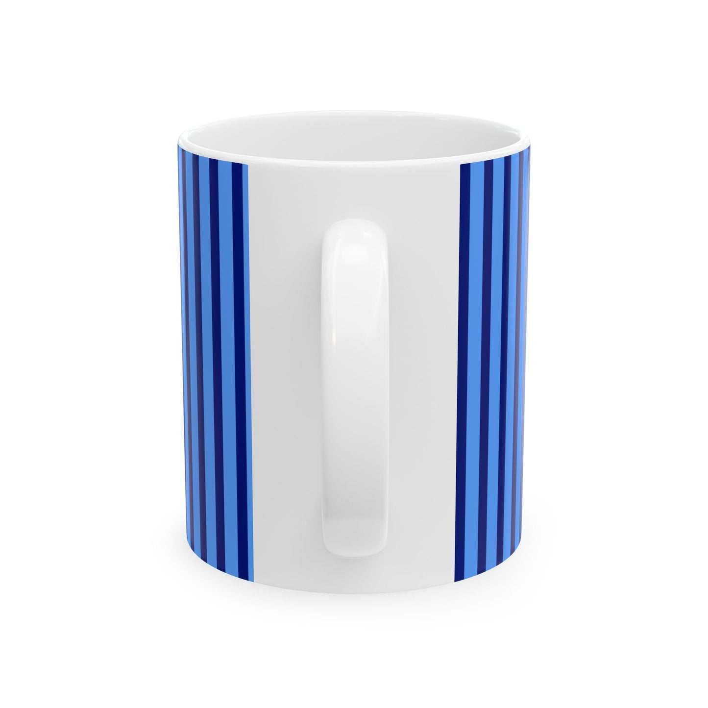 A white ceramic mug with a handle, decorated with two vertical columns of blue stripes on the sides, set against a plain white background.