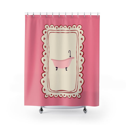 Shower curtain with a pink bathtub design on a white background