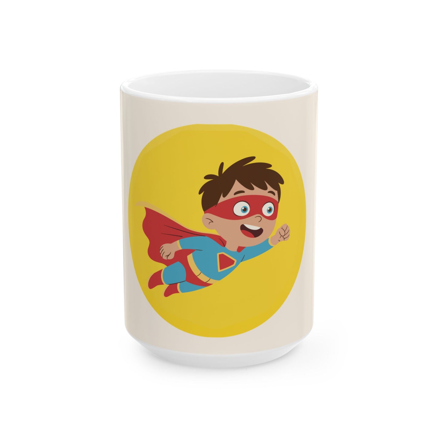 A white ceramic mug featuring a cartoon illustration of a young boy superhero flying, set against a solid yellow oval on the front of the mug.