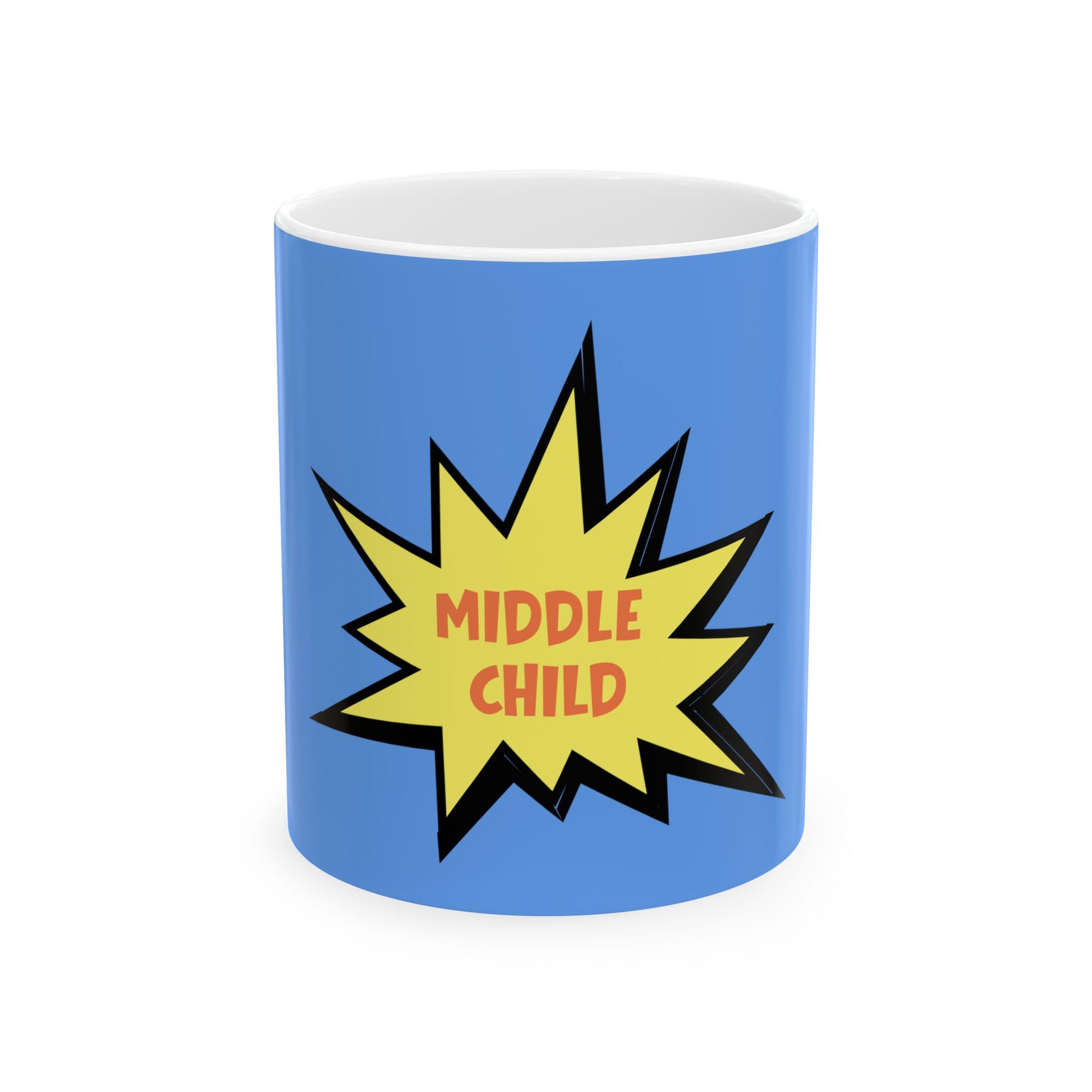 Blue mug with a yellow starburst design and 'Middle Child' text on a white background