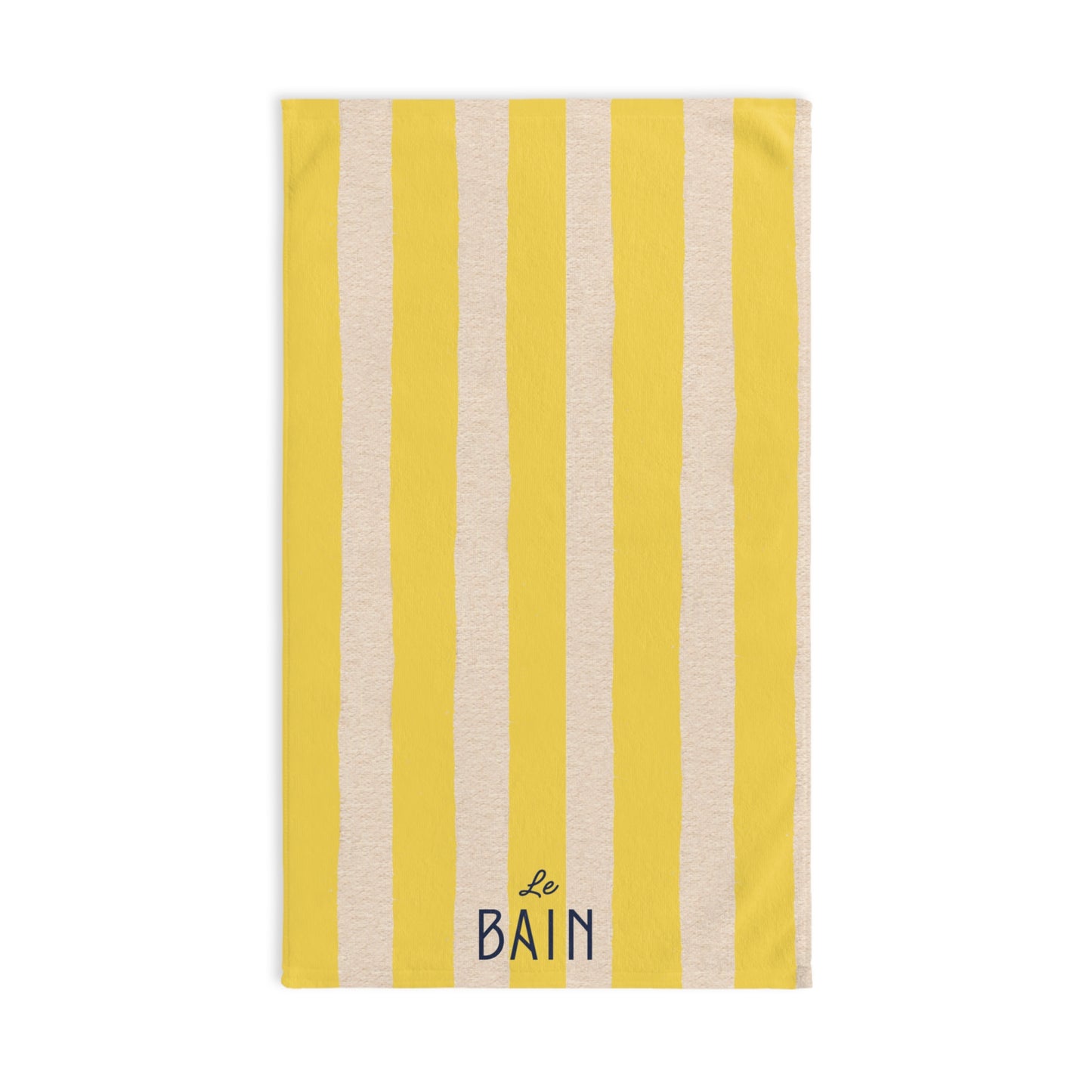 Towel with yellow and beige stripes and 'Le Bain' text on a white background