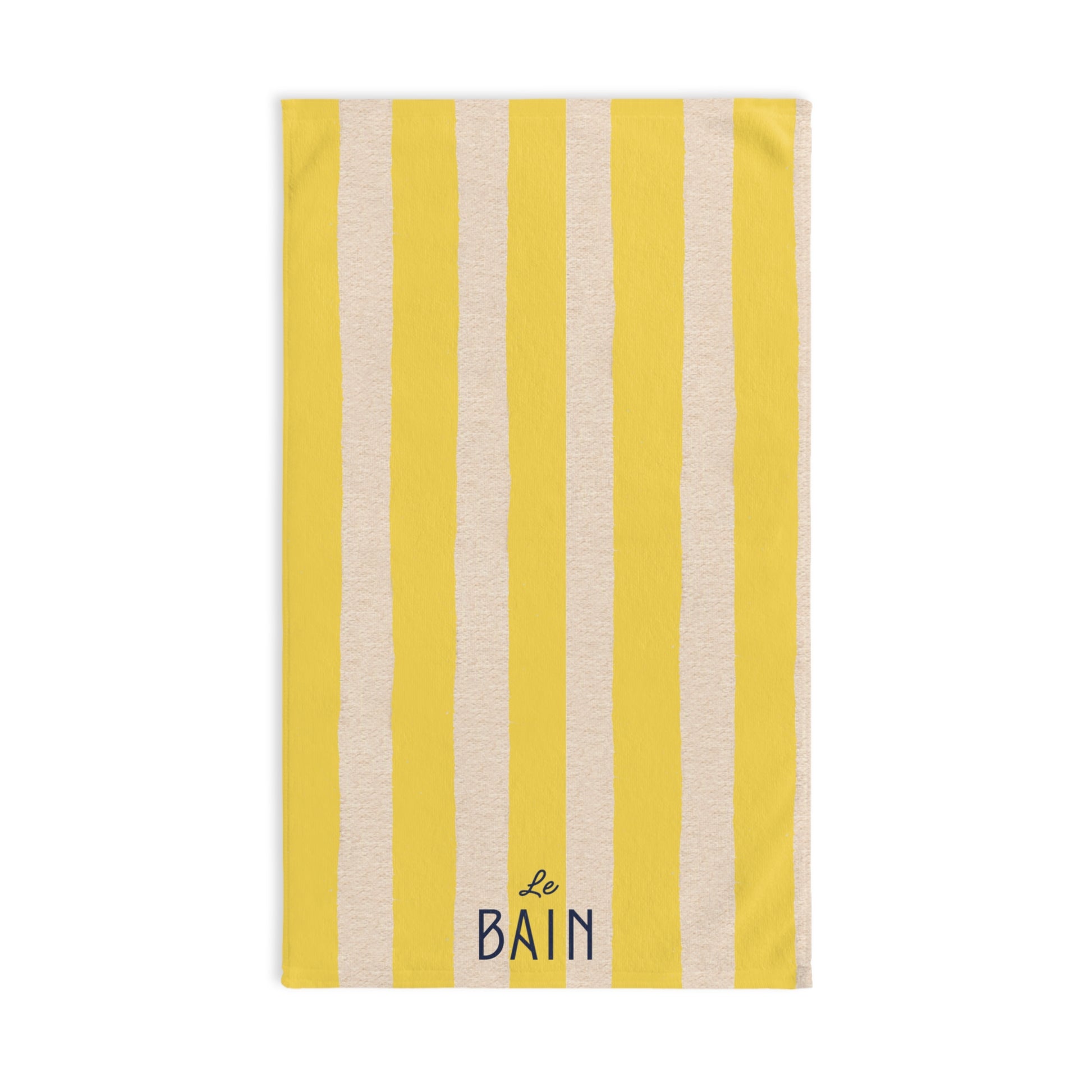 Towel with yellow and beige stripes and 'Le Bain' text on a white background