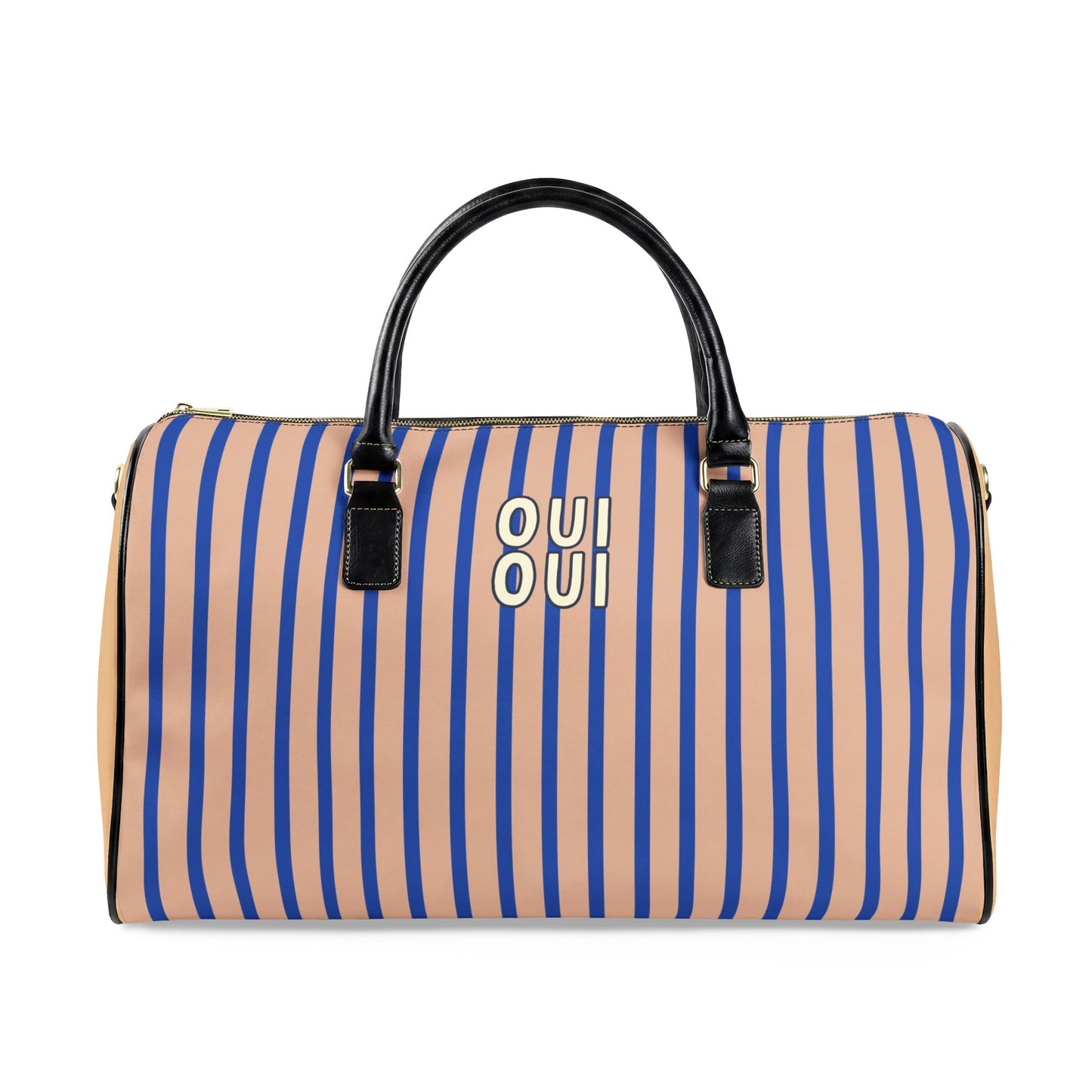 Striped duffel bag with black handle and 'OUI' logo on a white background