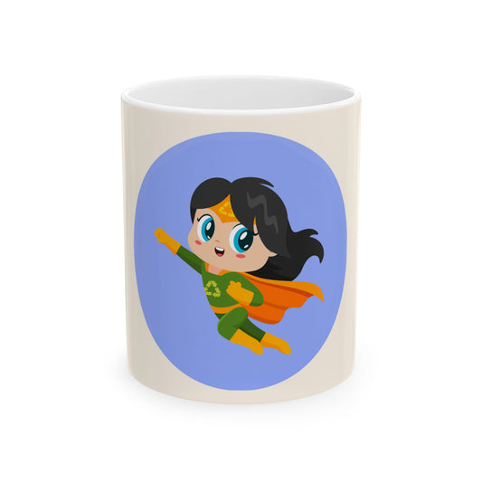 A white ceramic mug featuring a cartoon illustration of a superhero character with black hair, a green suit, and an orange cape, set against a light blue oval on a white background.