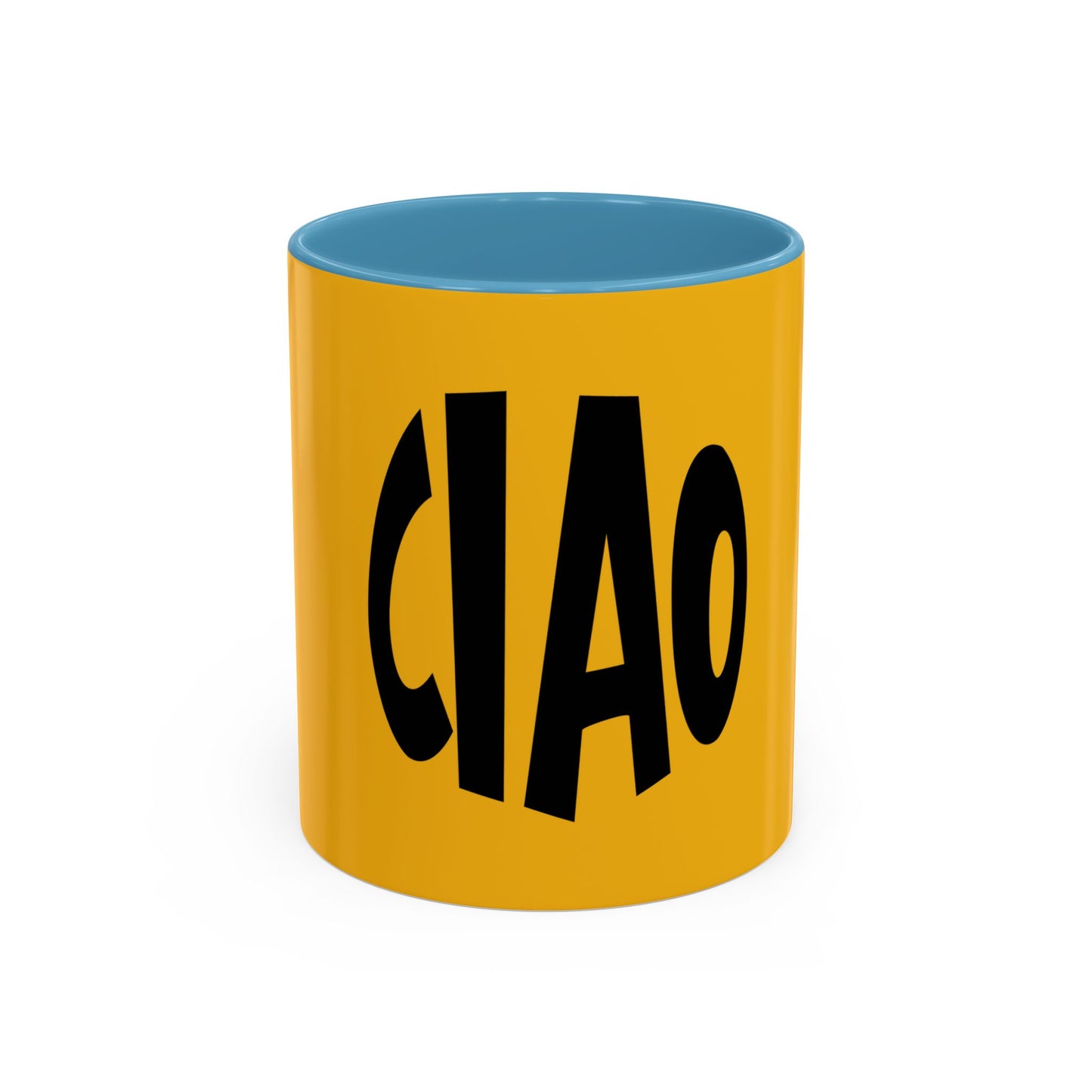 Yellow mug with blue interior and black 'CIAO' text on a white background