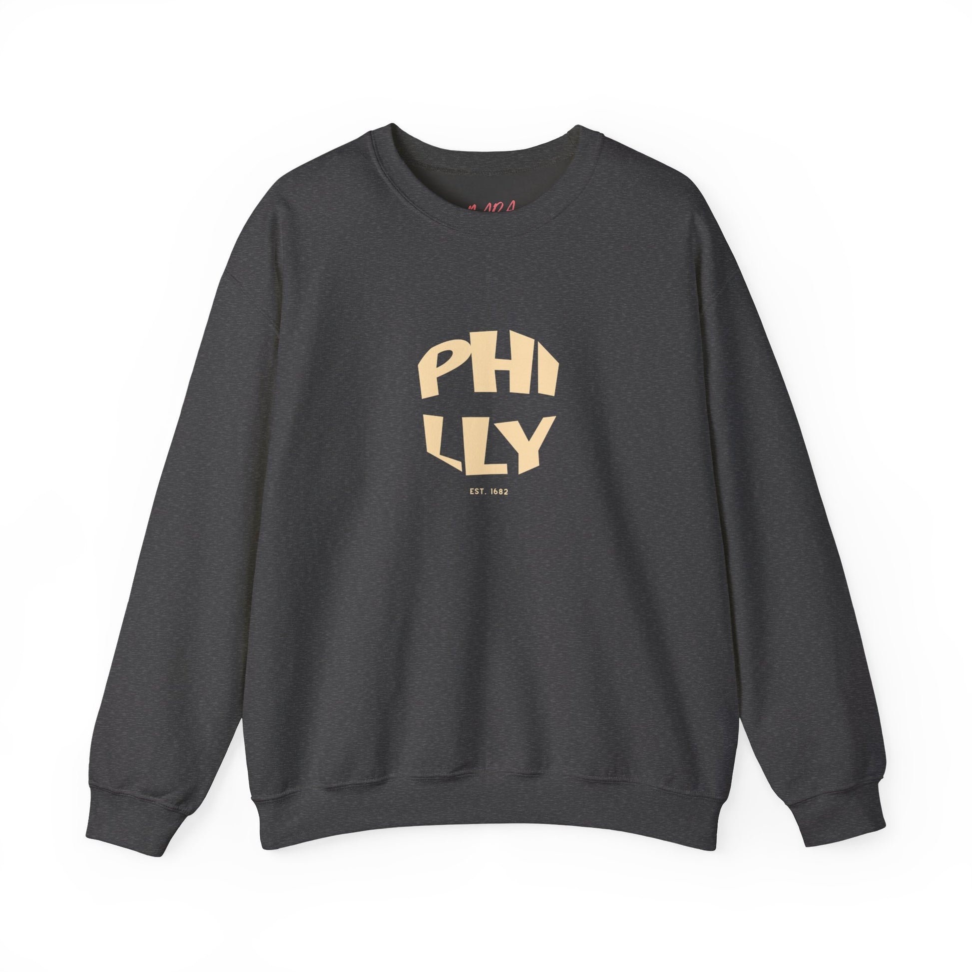 Dark gray sweatshirt with 'PHILLY' graphic on a white background