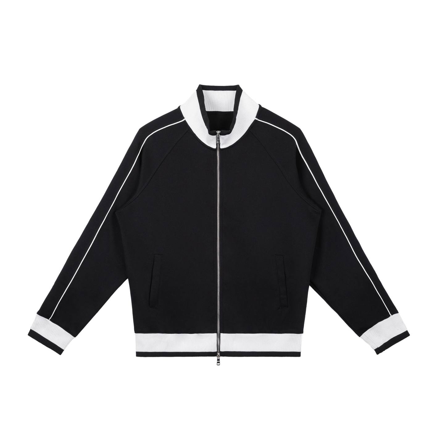 Black jacket with white accents on a white background
