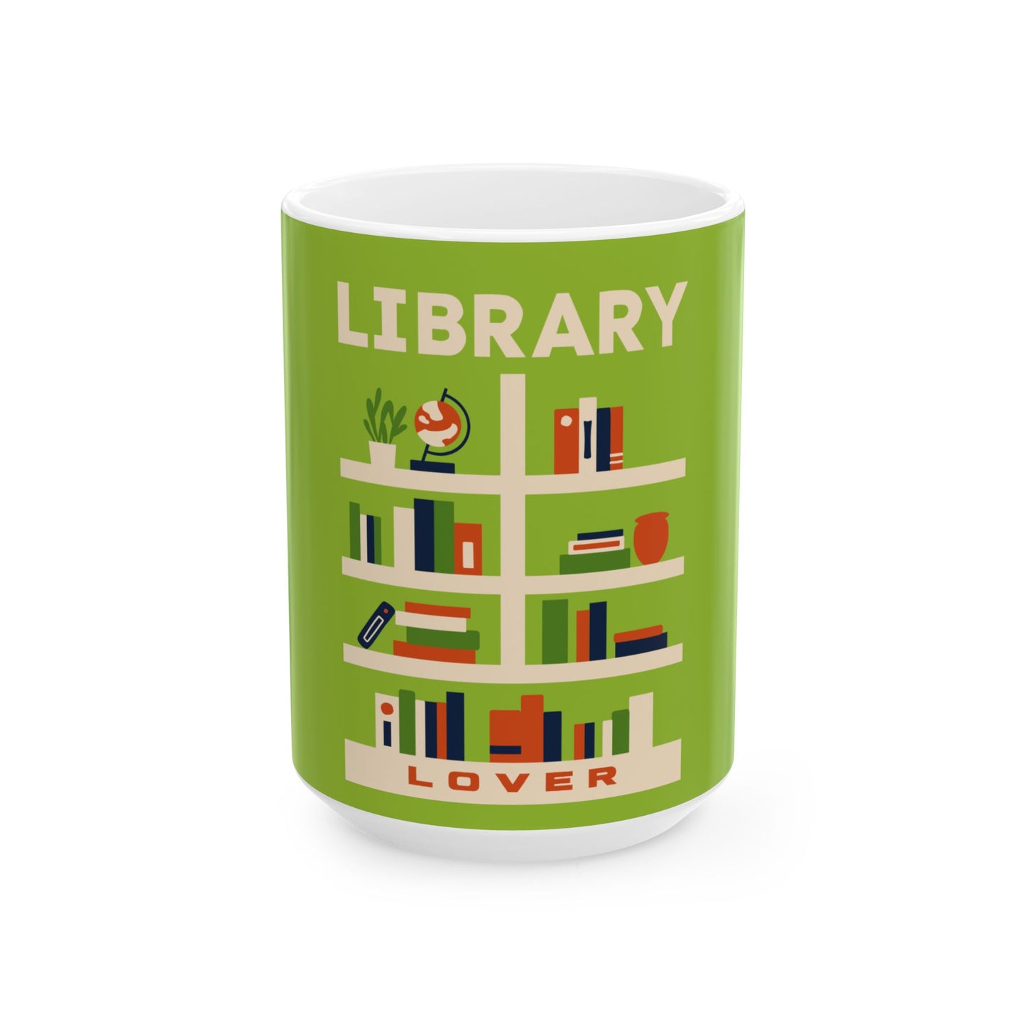 A white ceramic mug with a green wraparound graphic that reads 'LIBRARY LOVER' above and below a stylized bookshelf illustration, shown on a clean white background.