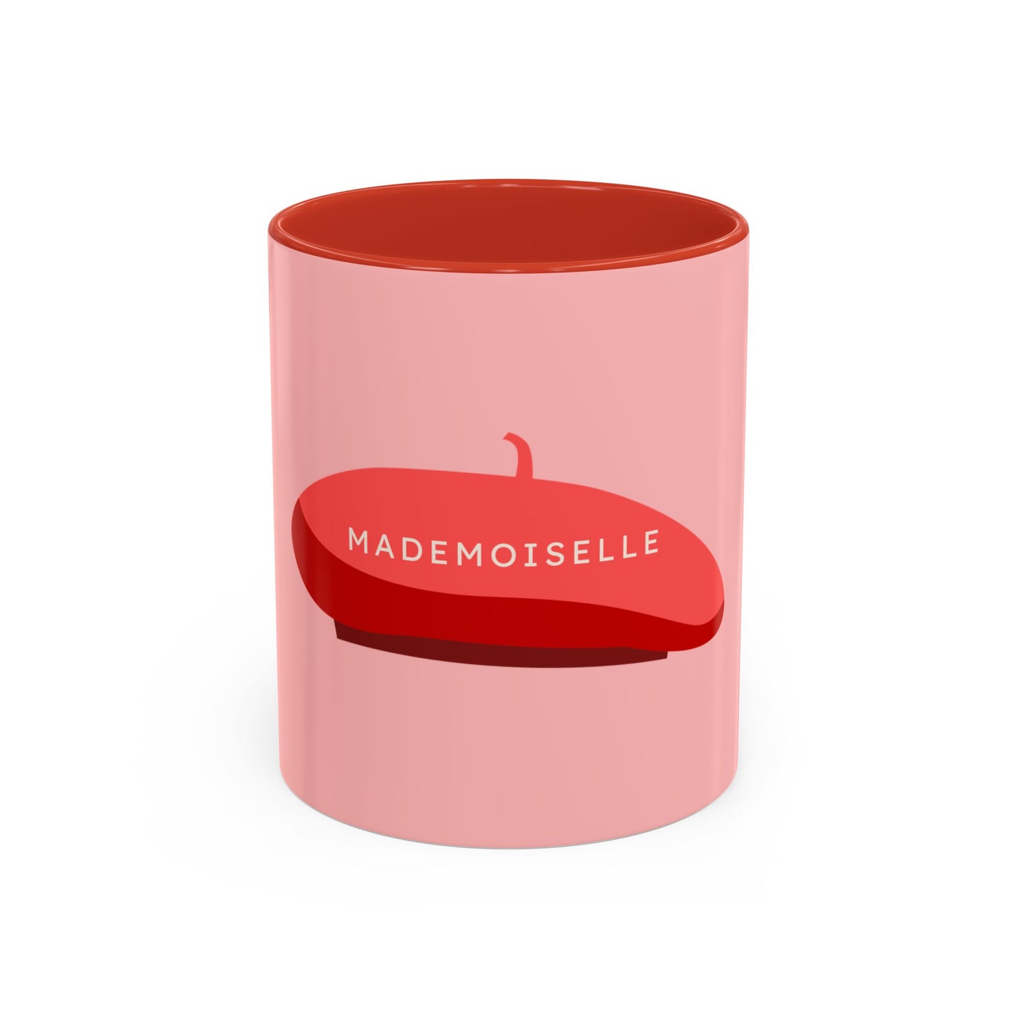 Pink MUG with a red linside featuring 'Mademoiselle' text on a white background