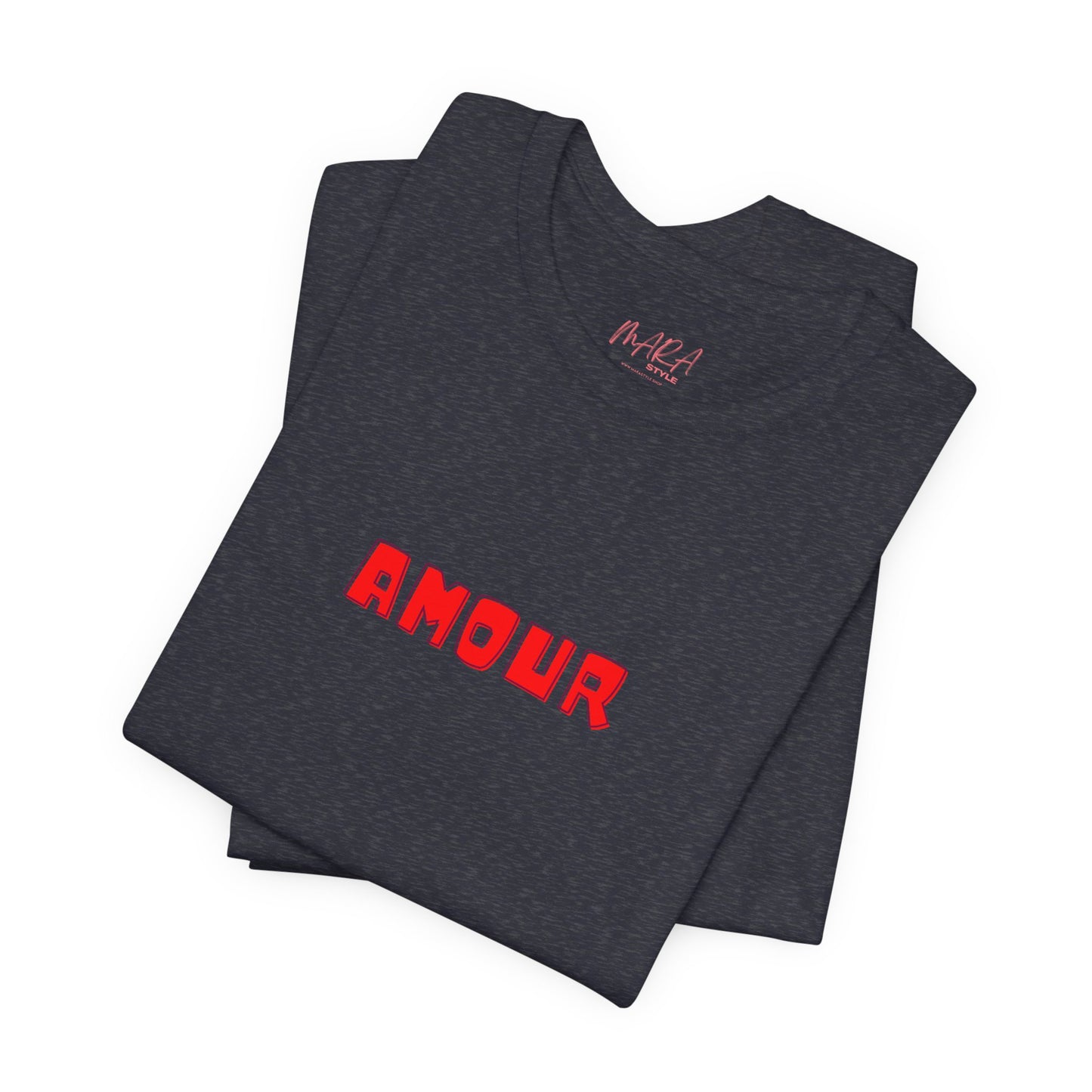 Dark gray t-shirt with 'AMOUR' in red on a white background