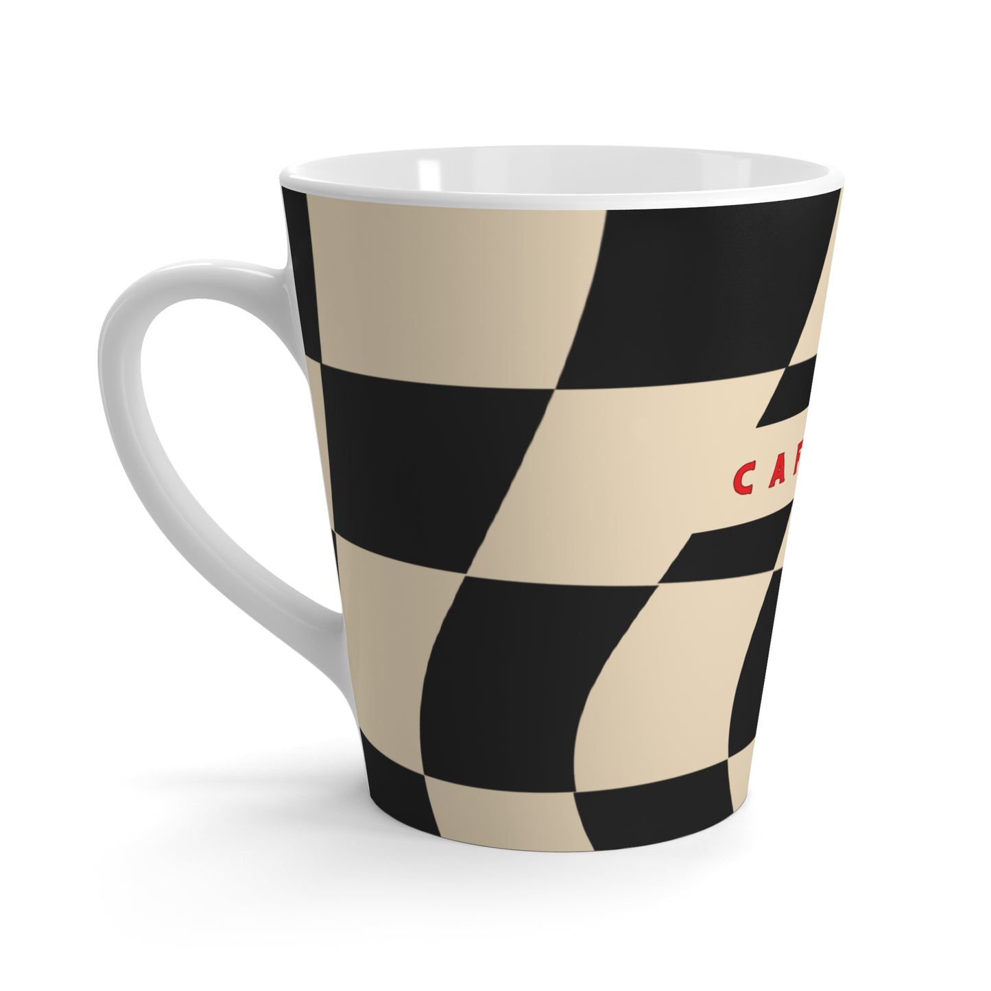 Caffeine Checkerboard Latte Mug – Retro Black & Cream Coffee Cup