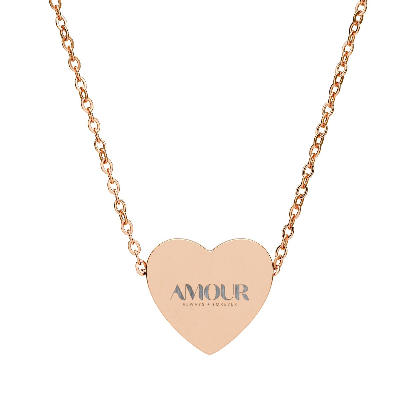 Rose gold heart-shaped necklace with 'AMOUR' engraving on a white background