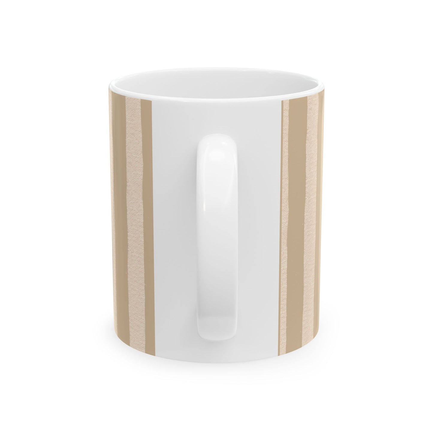 White mug with wooden accents on a white background