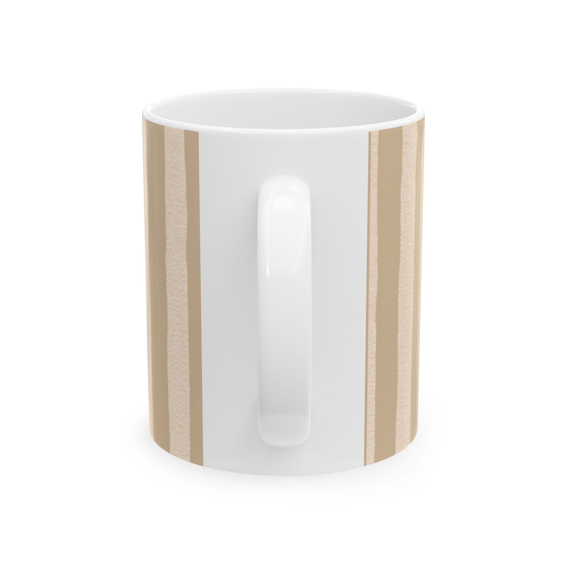White mug with wooden accents on a white background