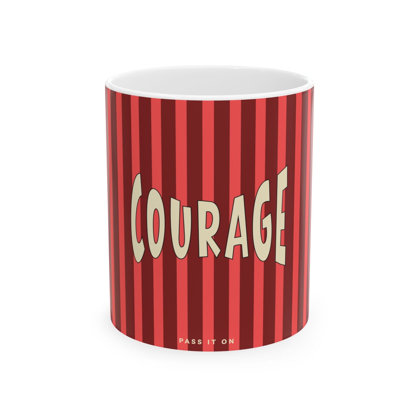 Mug with red and white striped pattern and 'Courage' text on a white background
