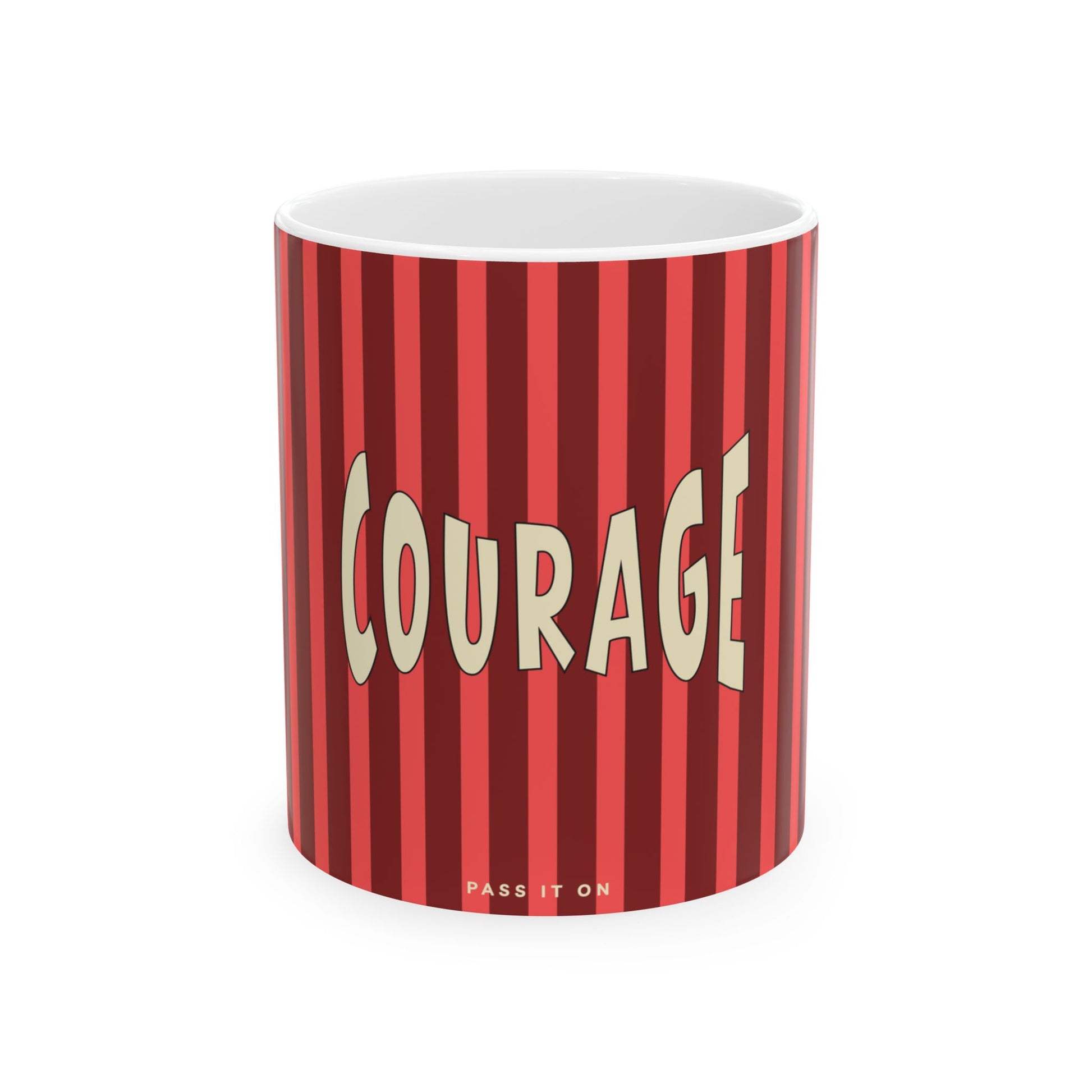 Mug with red and white striped pattern and 'Courage' text on a white background