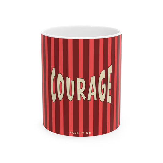 Mug with red and white striped pattern and 'Courage' text on a white background