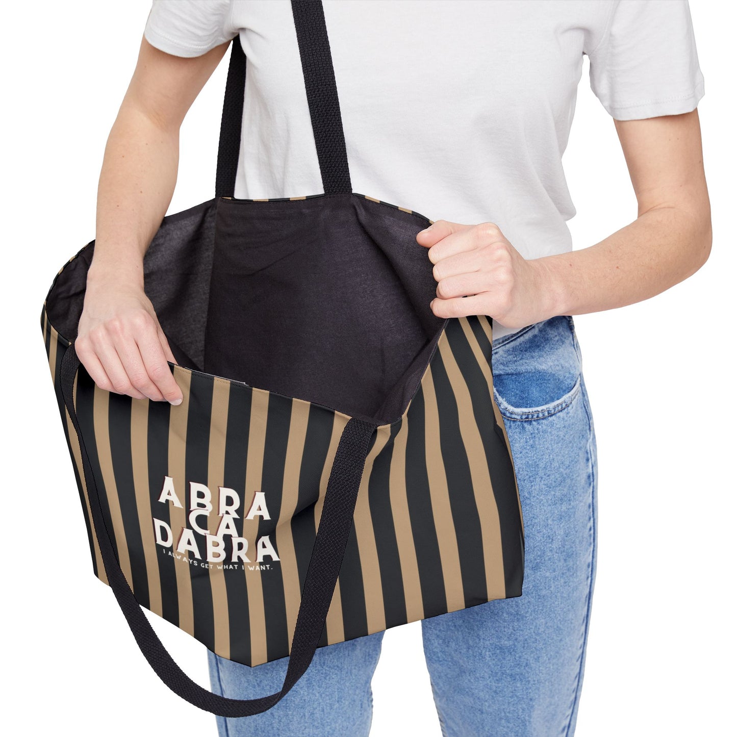 Grey Tan Stripped ABRACADABRA Oversized Tote Bag, Stylish Carryall
