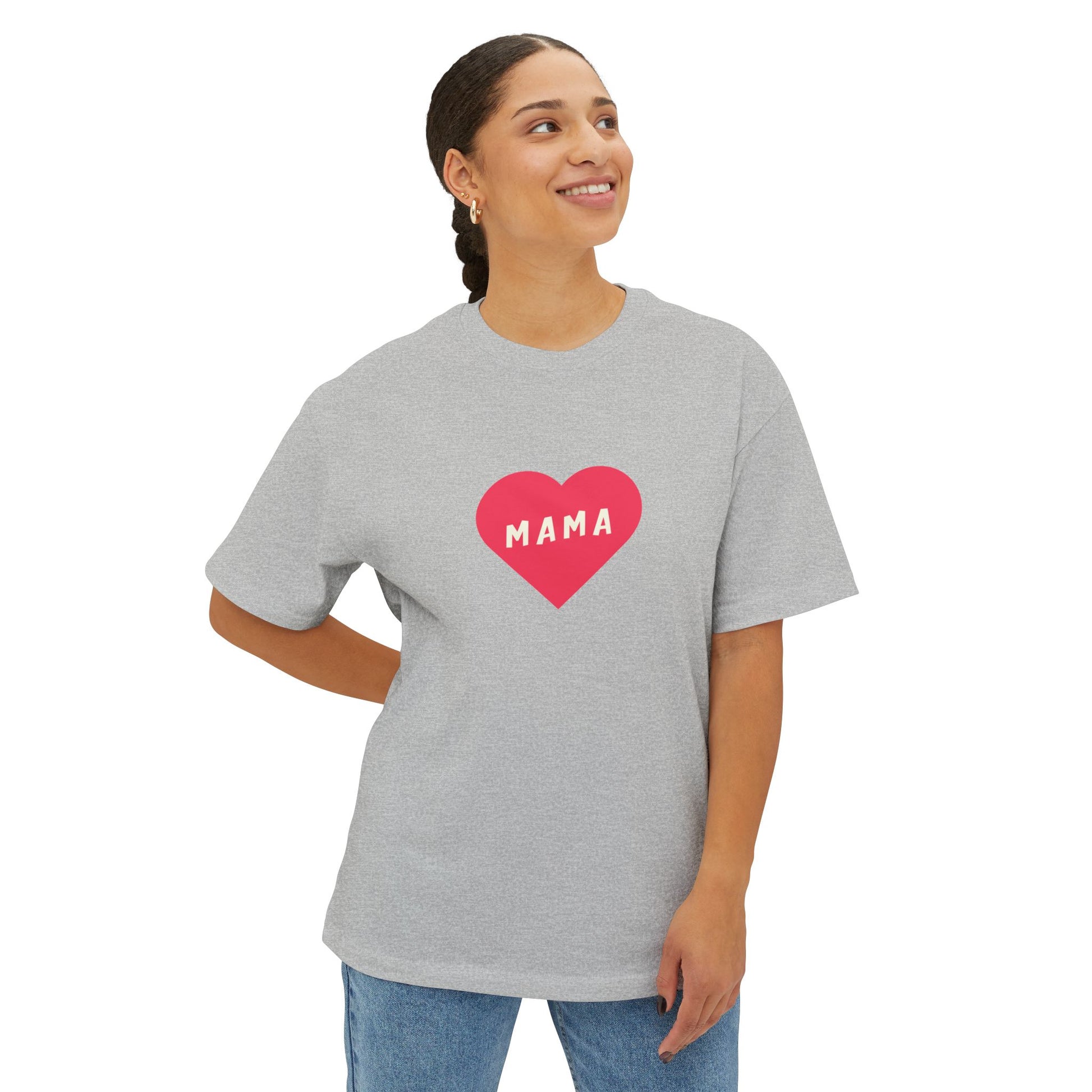 Person wearing a gray t-shirt with a red heart and 'MAMA' text on a white background