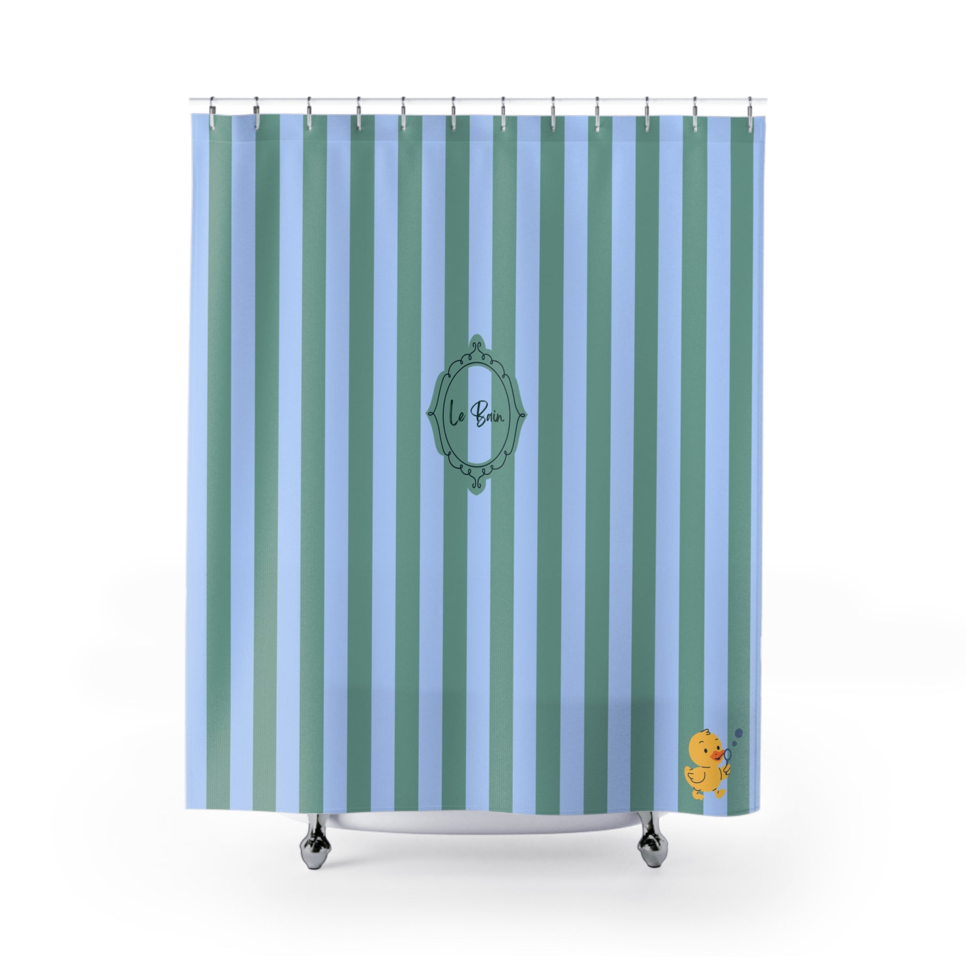 A shower curtain with vertical stripes in light blue, teal, and mint green, featuring a central green decorative frame with the text 'la Ba' and a small yellow duck character in the bottom right corner.