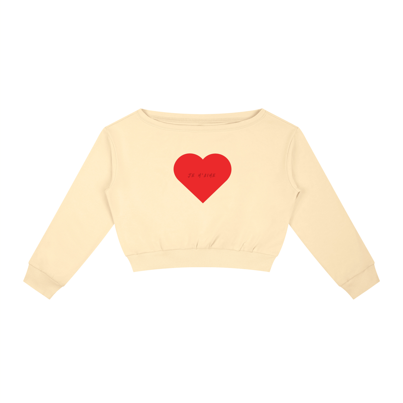 A cream-colored long-sleeve crop top sweatshirt featuring a red heart graphic on the chest with the text 'I <3 U' inside, displayed against a solid white background.