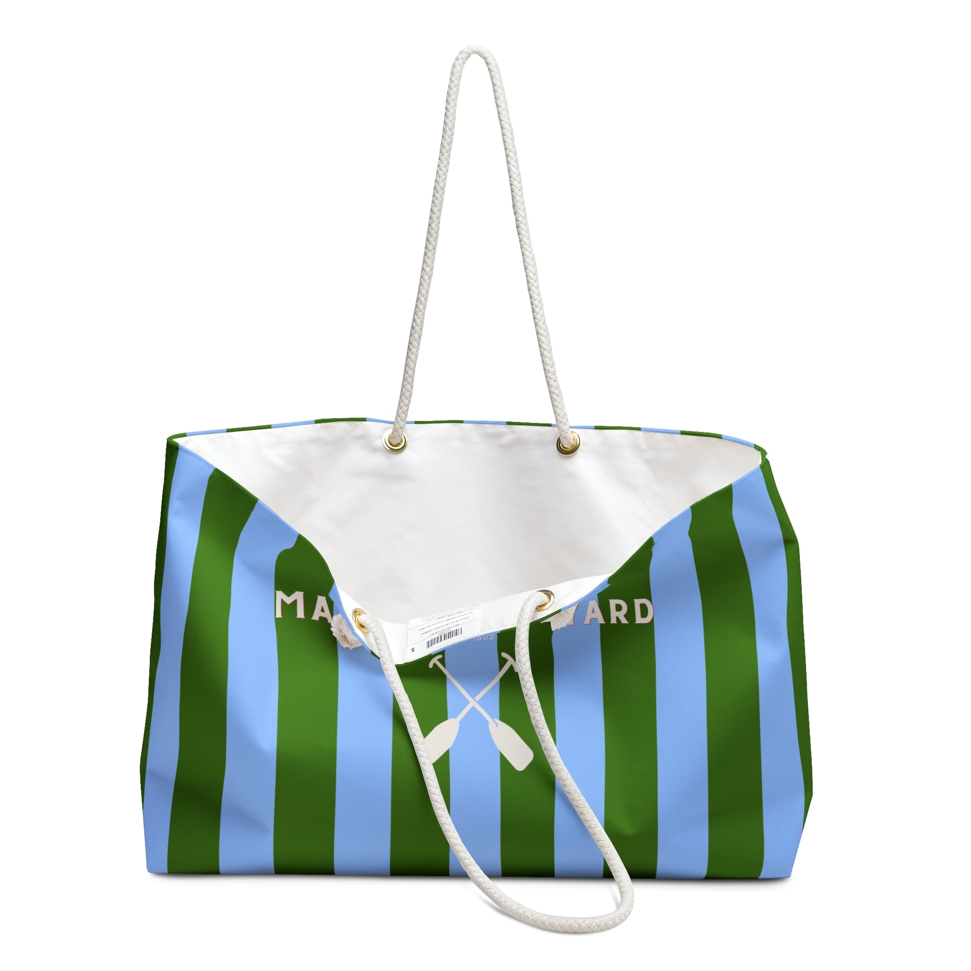 Striped bag with green and blue pattern on a white background