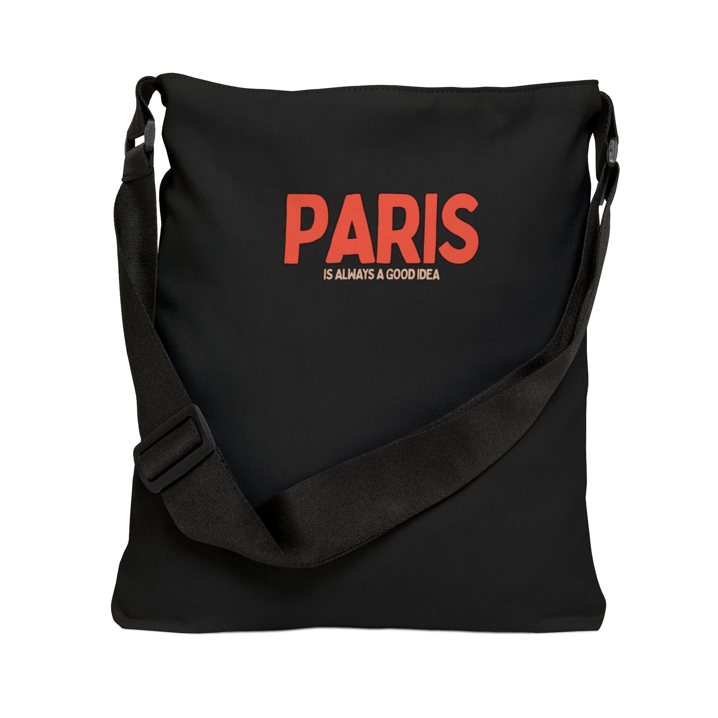 Black bag with red text 'PARIS IS ALWAYS A GOOD IDEA' on a white background