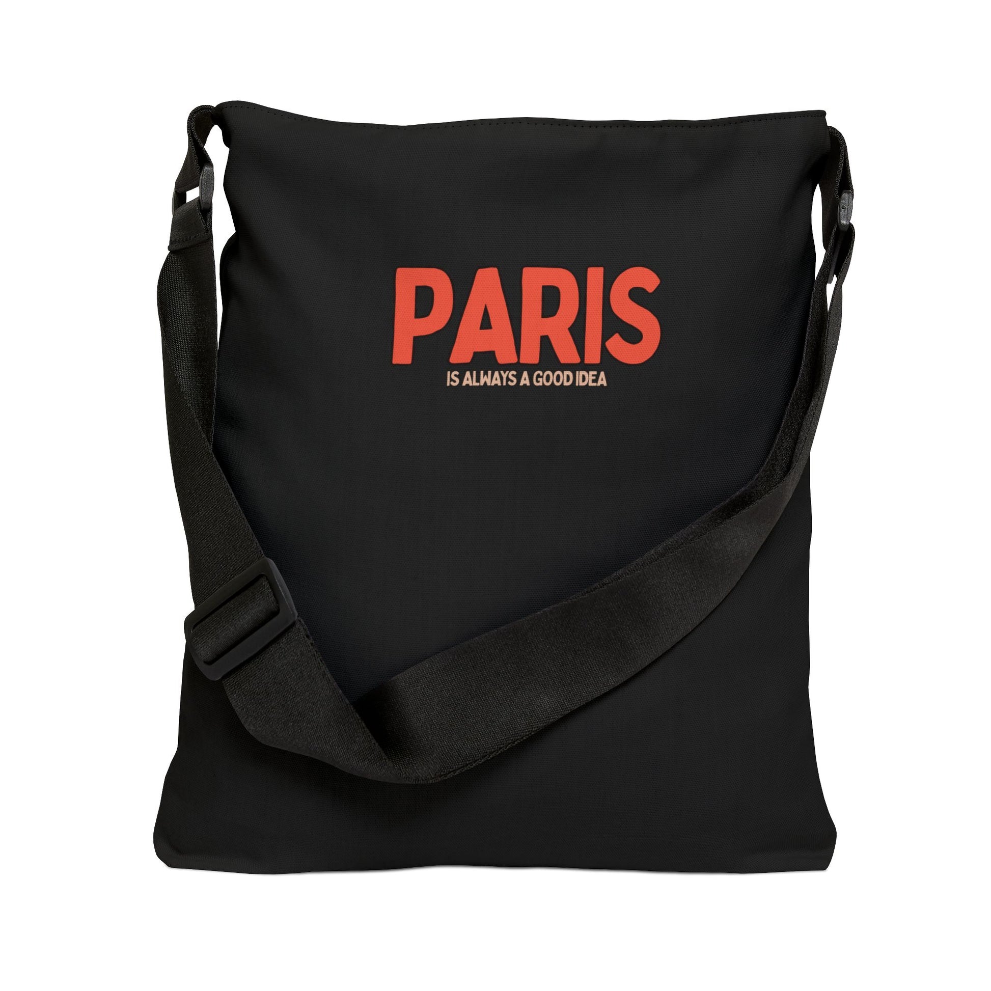 Black bag with red text 'PARIS IS ALWAYS A GOOD IDEA' on a white background