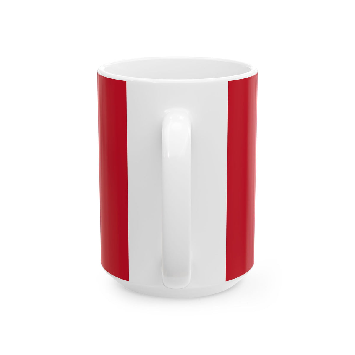 A white ceramic mug with two vertical red stripes on the outside, shown from a three-quarter angle against a plain white background.