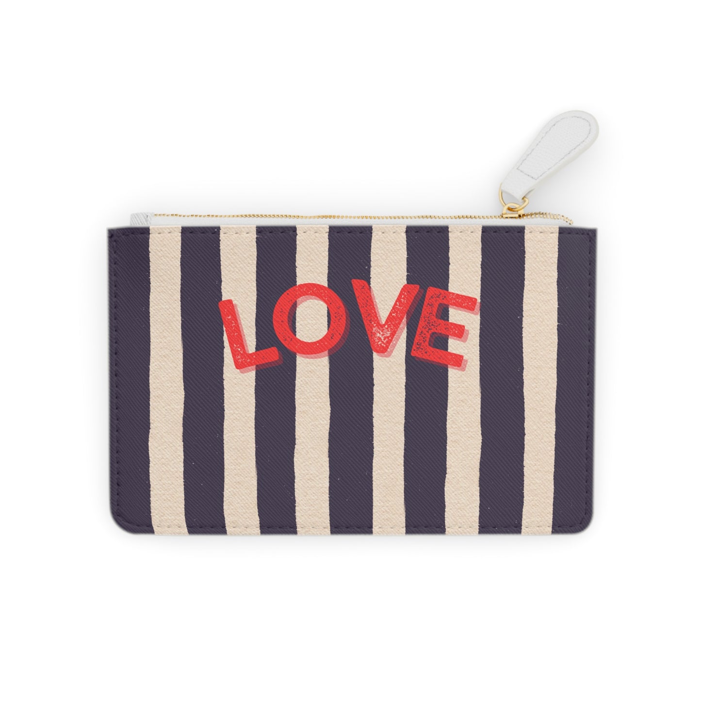 Striped pouch with 'LOVE' text on a white background