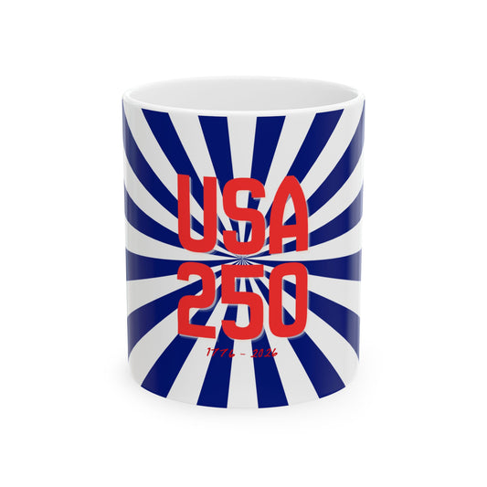 USA 250 Ceramic Mug — Red & Blue Patriotic Coffee Cup