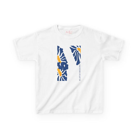 White t-shirt with blue and yellow Slava Ukraini on a white background