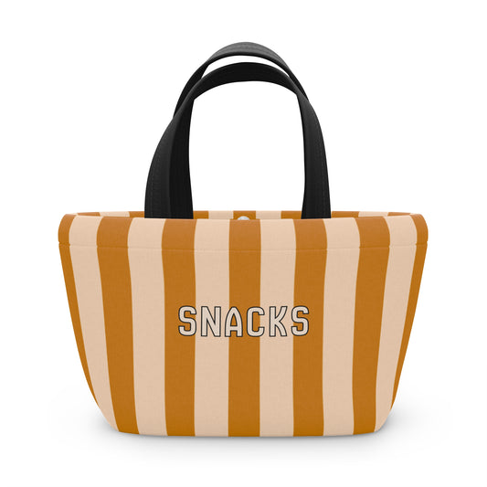 Striped bag with 'SNACKS' text on a white background
