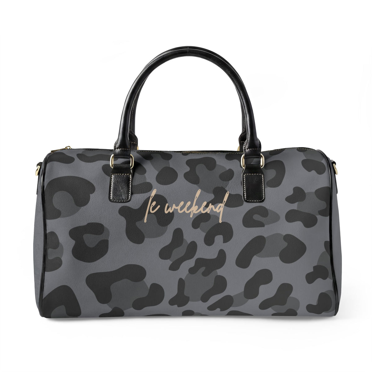A gray and black leopard print duffle bag with black leather handles and gold hardware, featuring the text 'le weekend' in gold script on the front.