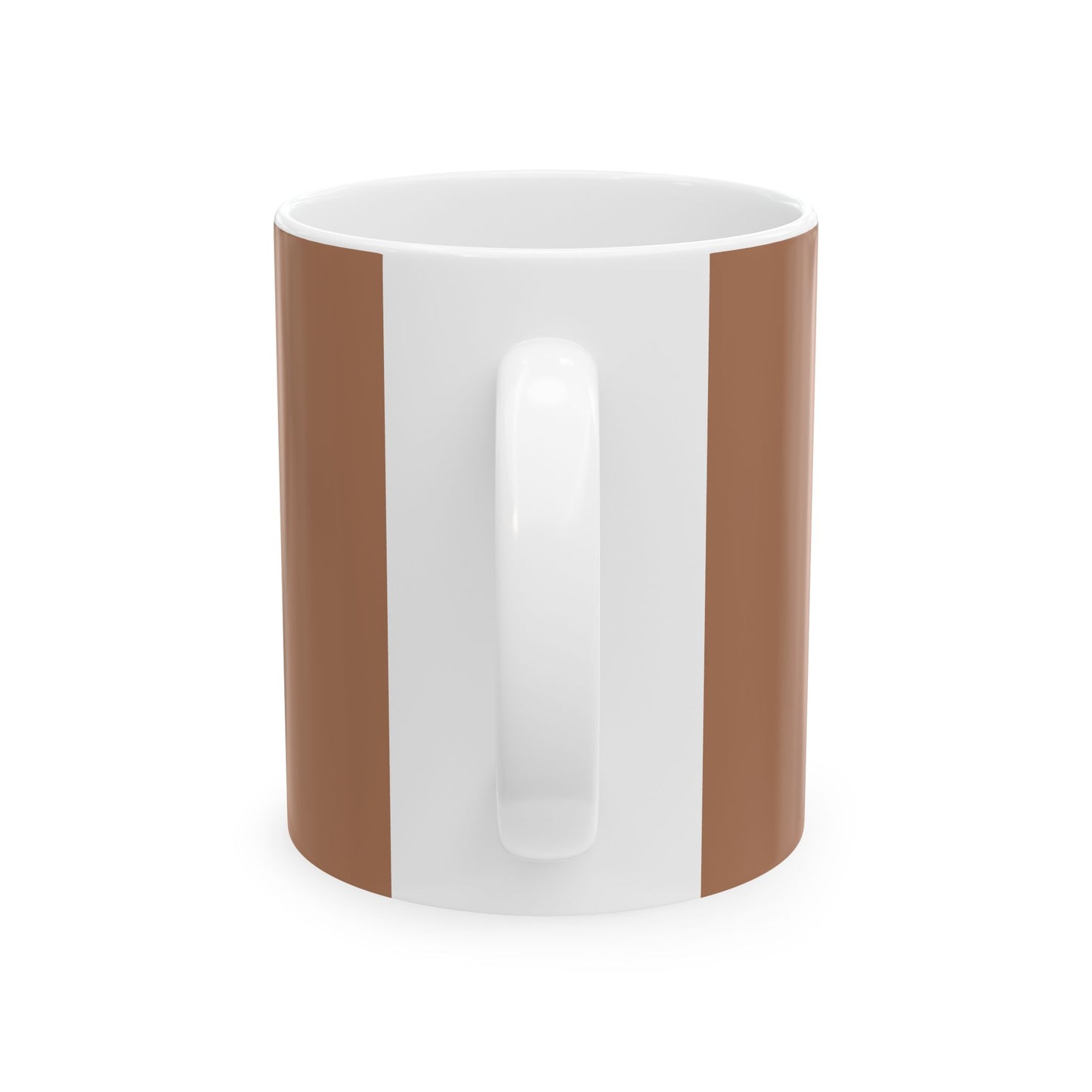 White mug with brown stripes on a white background
