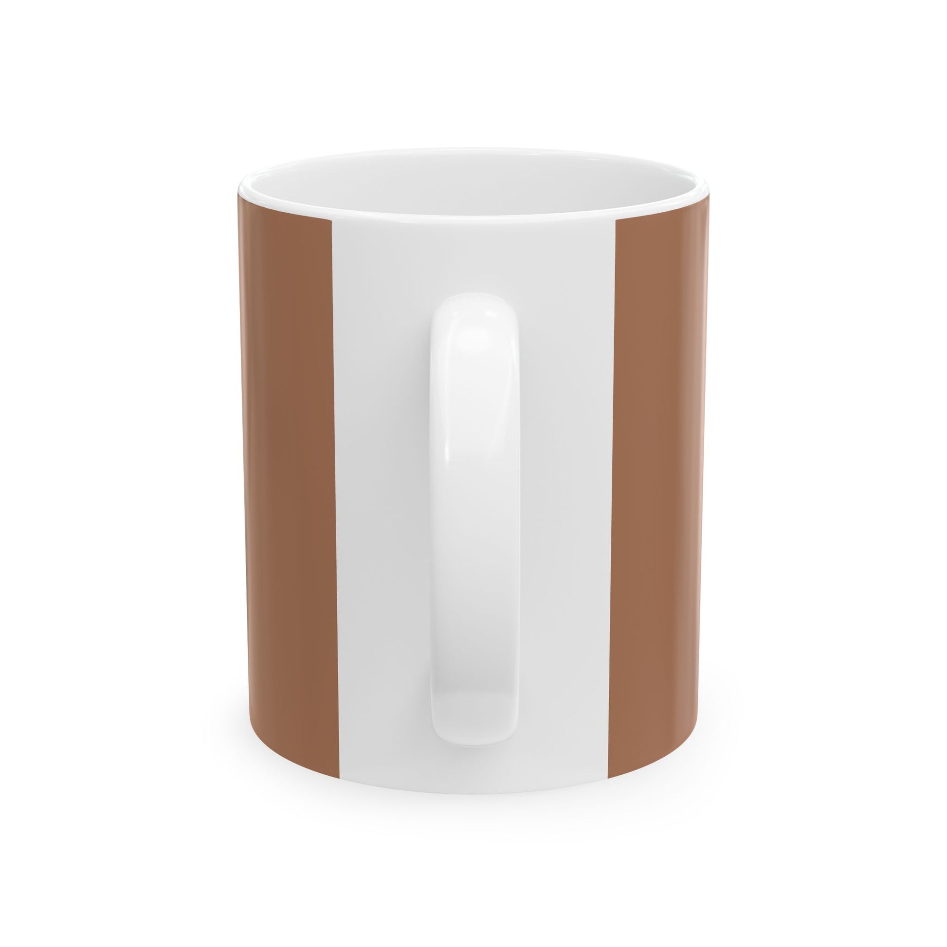 White mug with brown stripes on a white background