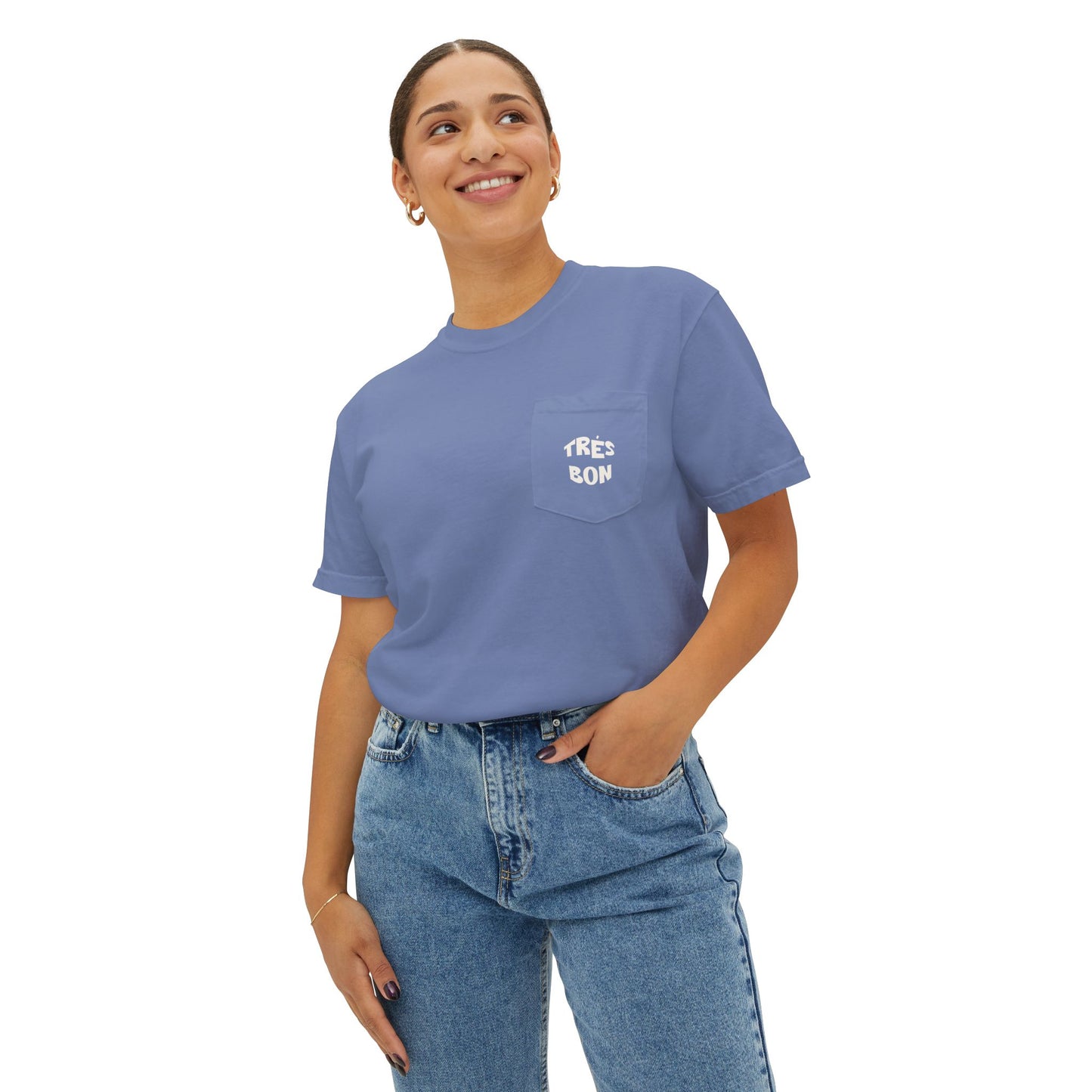 Person wearing a blue t-shirt with a pocket and jeans on a white background