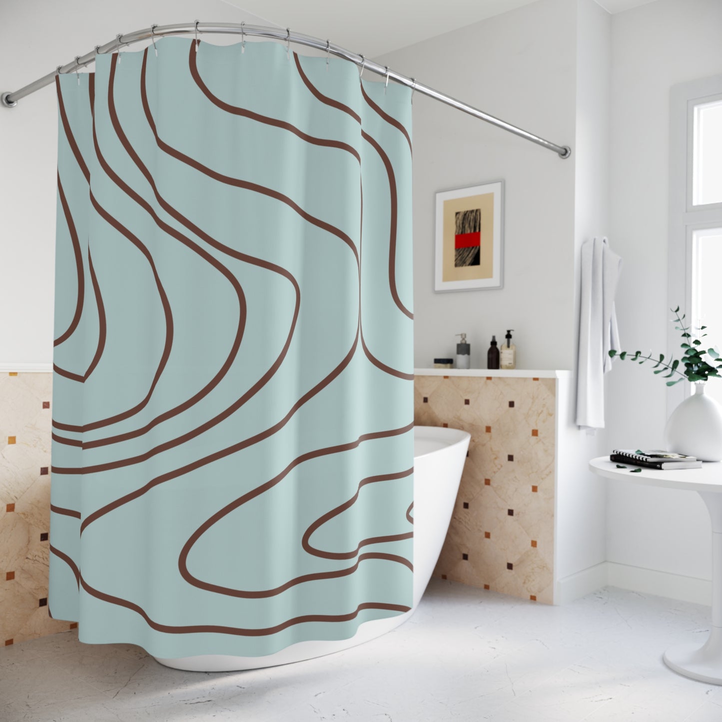 Light Blue/Brown Abstract Wave Shower Curtain, Modern Bathroom Decor