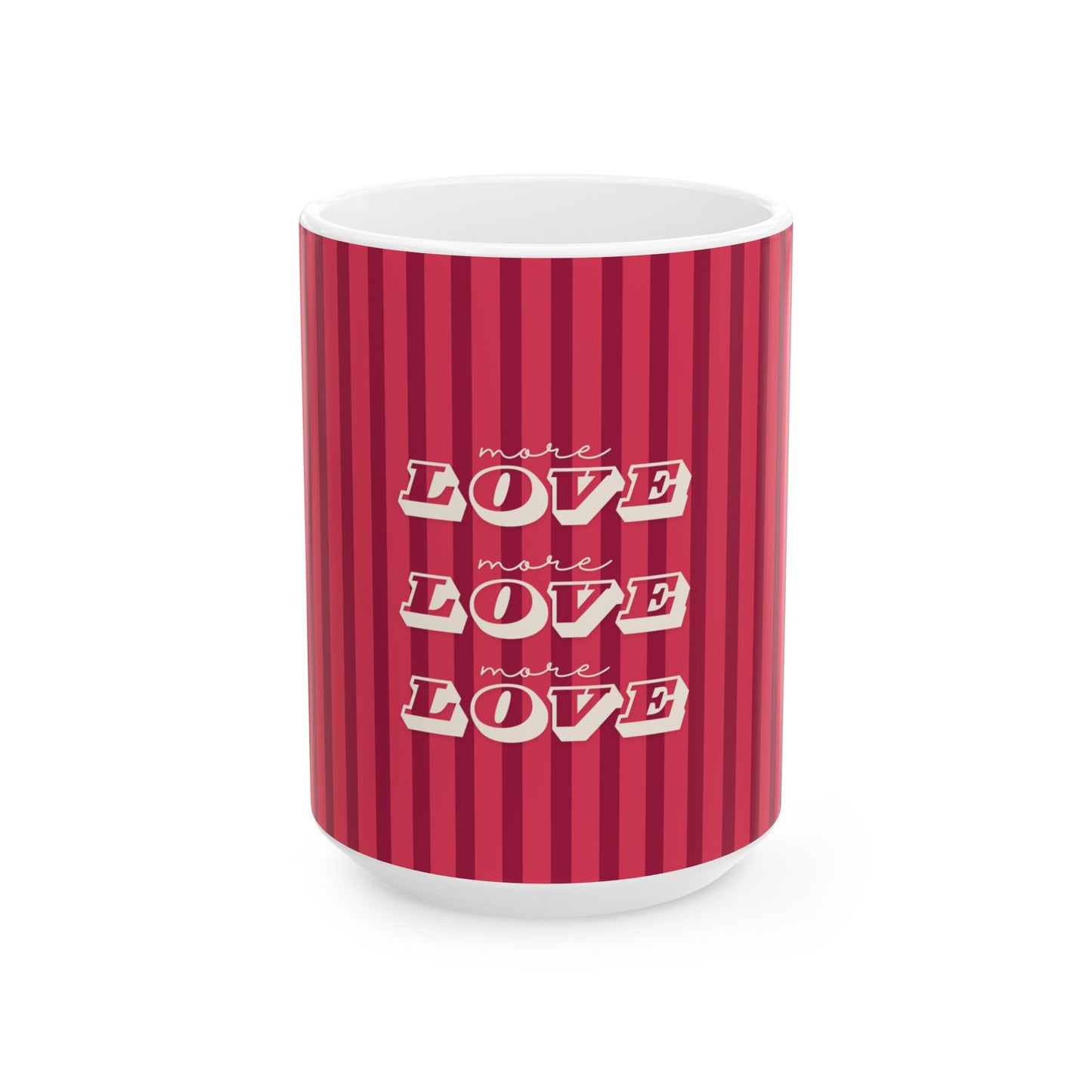Red striped mug with 'more love' text on a white background