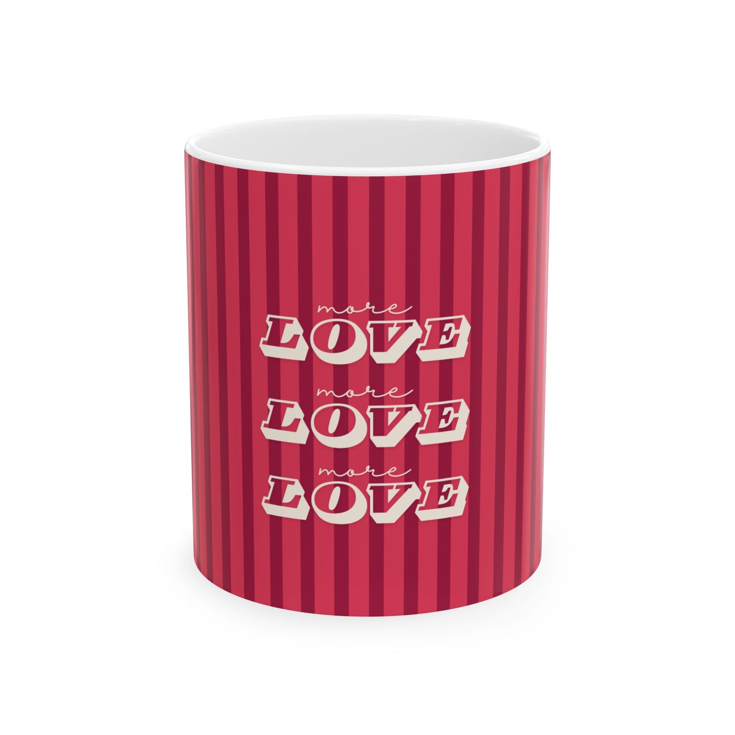 Red striped mug with 'more love' text on a white background